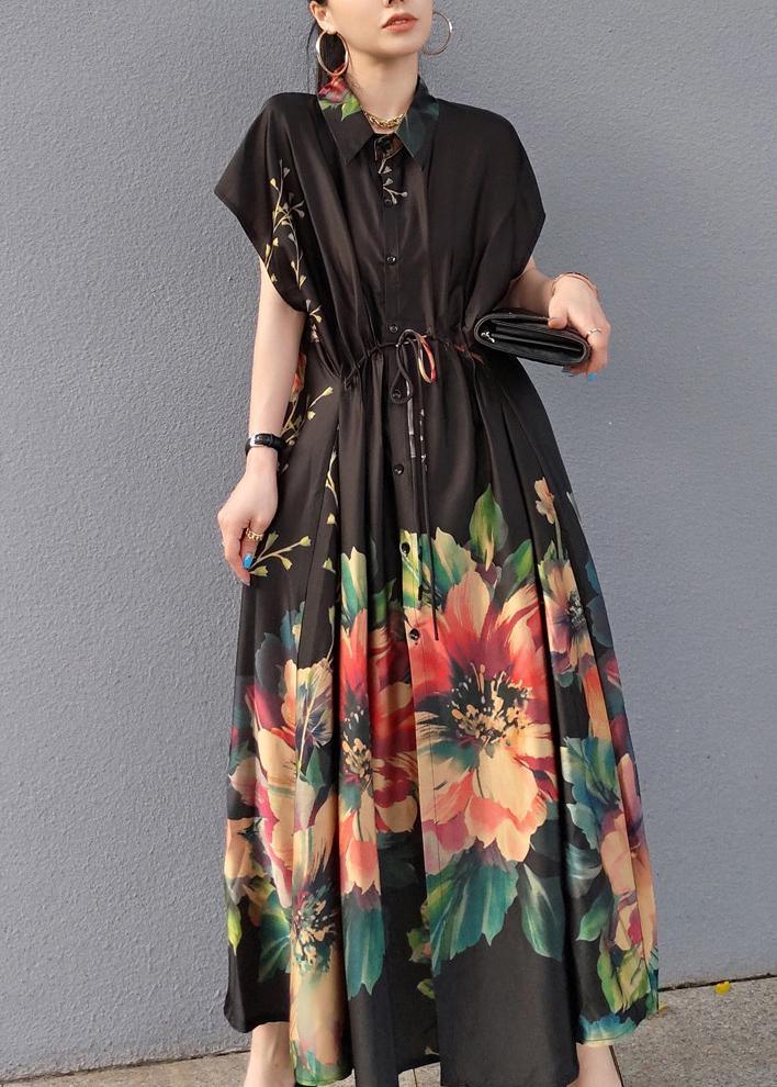 Women Lapel Drawstring Spring Tunic Sleeve Black Print Robe Dresses - Omychic