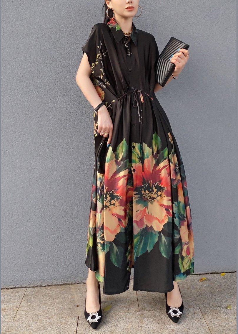 Women Lapel Drawstring Spring Tunic Sleeve Black Print Robe Dresses - Omychic