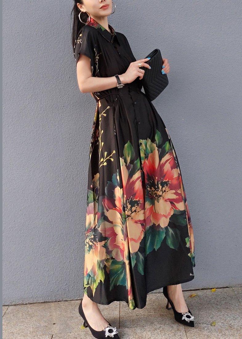 Women Lapel Drawstring Spring Tunic Sleeve Black Print Robe Dresses - Omychic