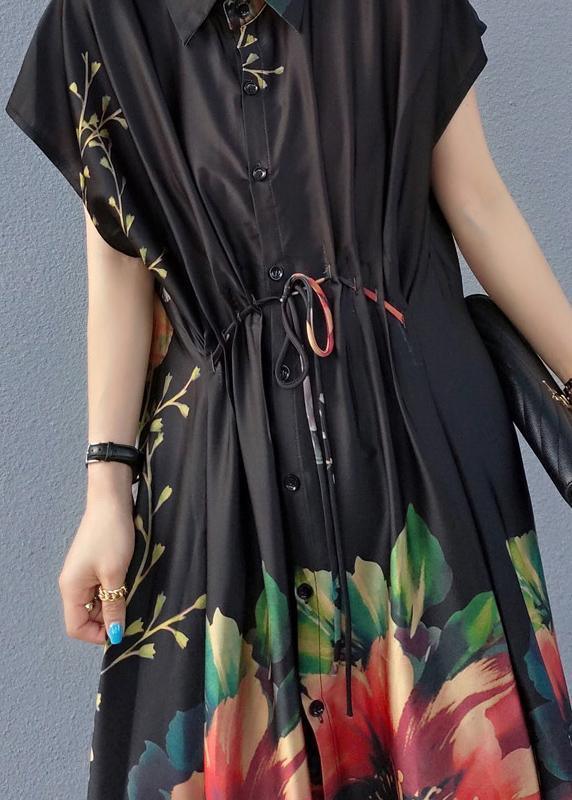 Women Lapel Drawstring Spring Tunic Sleeve Black Print Robe Dresses - Omychic