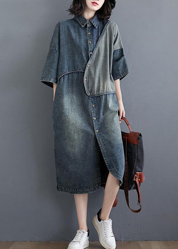 Women Lapel Patchwork Clothes Denim Blue Vestidos De Lino Dress - Omychic