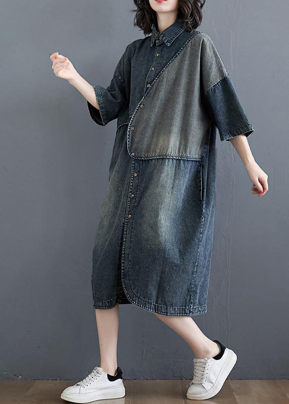 Women Lapel Patchwork Clothes Denim Blue Vestidos De Lino Dress - Omychic