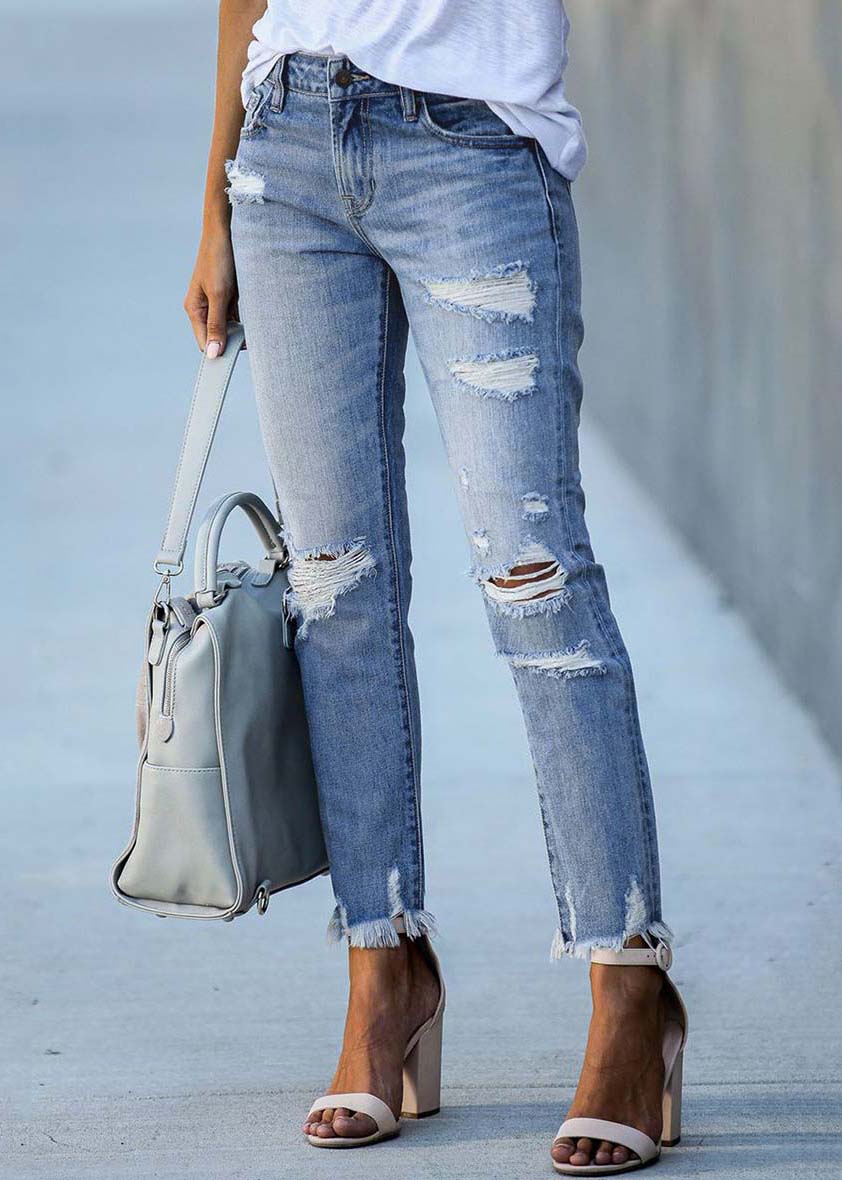 Women Light Blue High Waist Denim Ripped Pants Trousers Summer