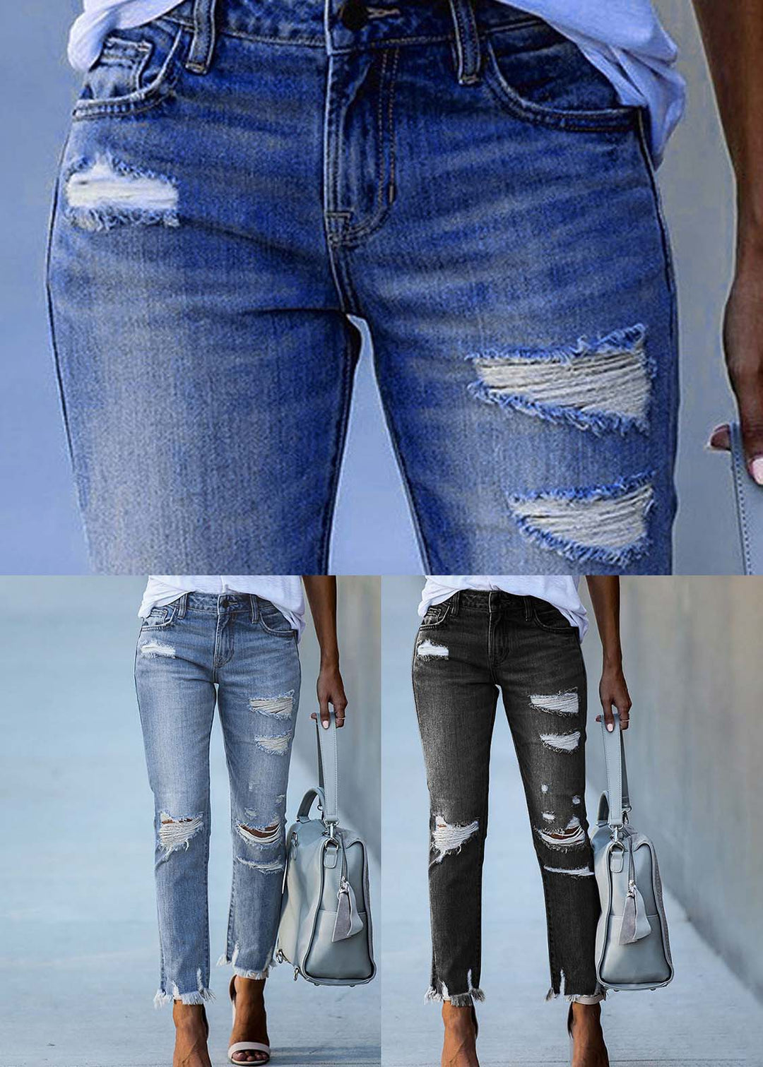 Women Light Blue High Waist Denim Ripped Pants Trousers Summer