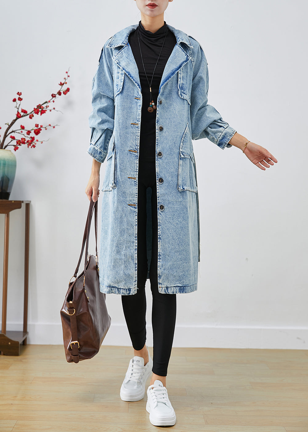 Women Light Blue Lapel Patchwork Denim Trench Coats Fall