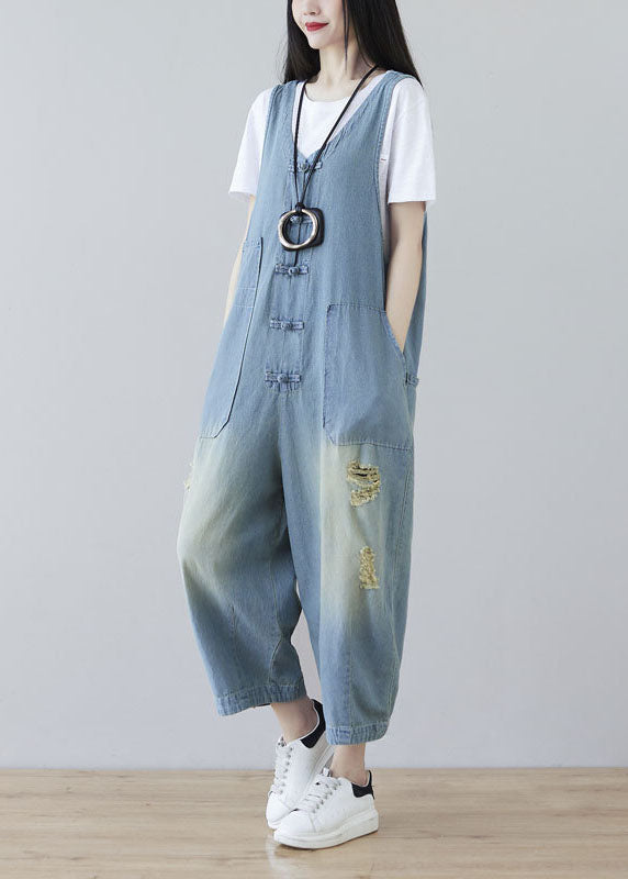 Women Light Blue Oriental Button Ripped Cotton Denim Jumpsuit Spring