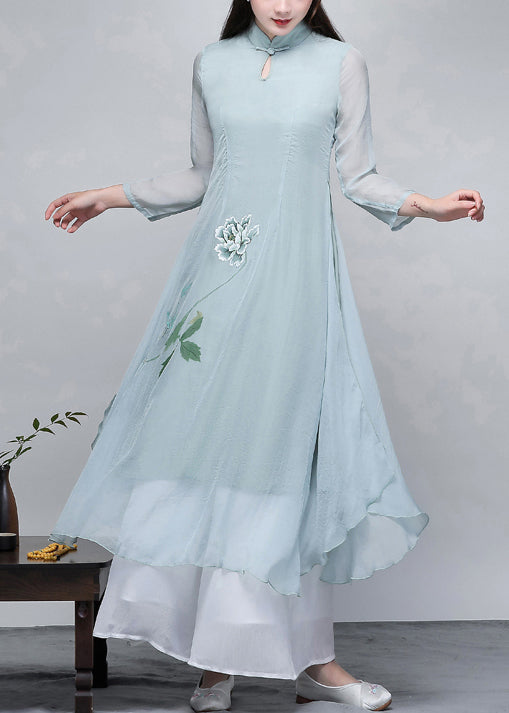Women Light Blue Print Exra Large Hem Chiffon Dresses Two Piece Set Spring