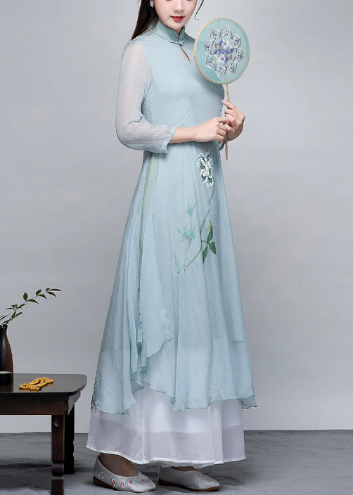 Women Light Blue Print Exra Large Hem Chiffon Dresses Two Piece Set Spring