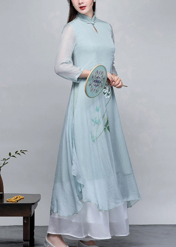 Women Light Blue Print Exra Large Hem Chiffon Dresses Two Piece Set Spring