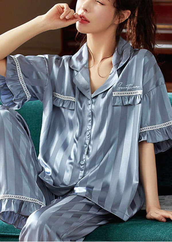 Women Light Blue Ruffled Striped Ice Silk Pajamas Two Pieces Set Short Sleeve