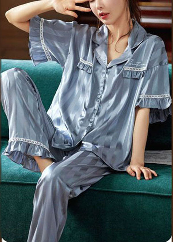 Women Light Blue Ruffled Striped Ice Silk Pajamas Two Pieces Set Short Sleeve
