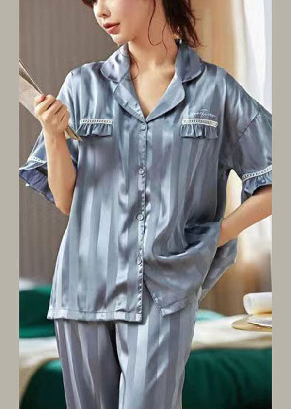 Women Light Blue Ruffled Striped Ice Silk Pajamas Two Pieces Set Short Sleeve
