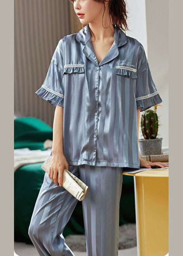 Women Light Blue Ruffled Striped Ice Silk Pajamas Two Pieces Set Short Sleeve