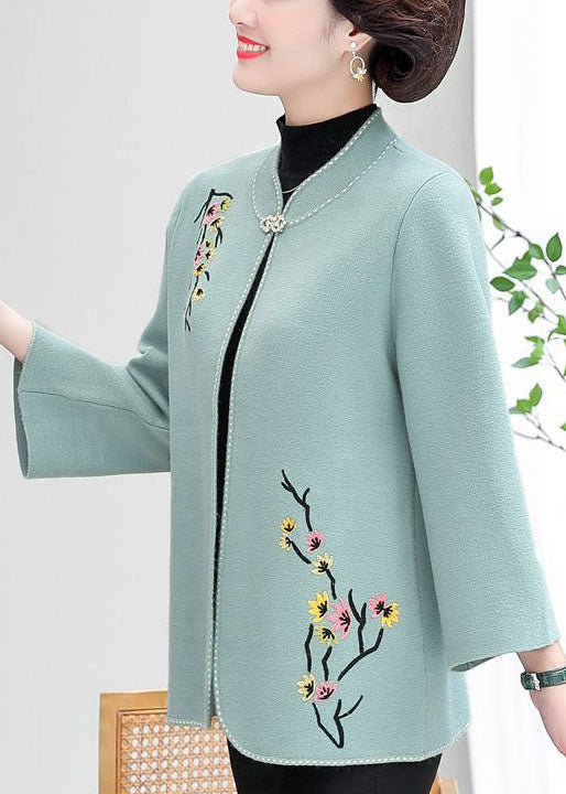 Women Light Blue Stand Collar Embroideried Woolen Cardigans Long Sleeve