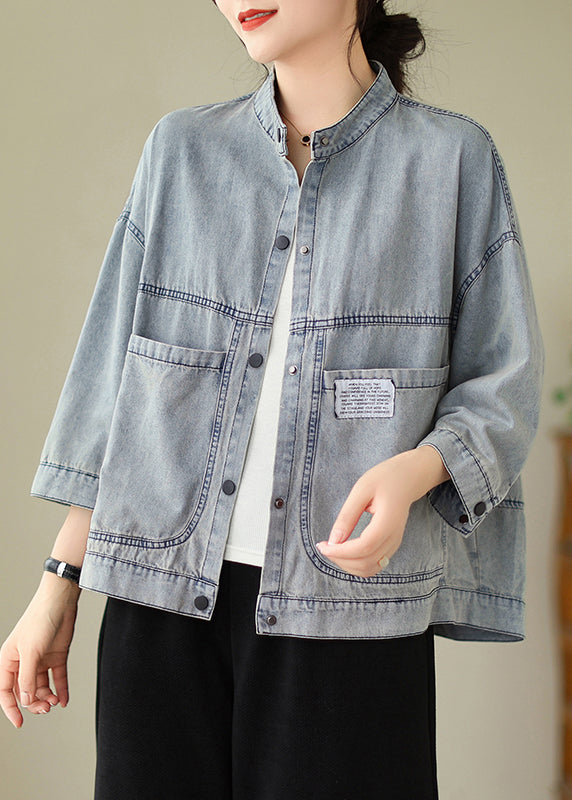 Women Light Blue Stand Collar Pockets Denim Jackets Spring