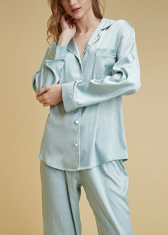 Women Light Blue V Neck Button Ice Silk Pajamas Two Pieces Set Long Sleeve