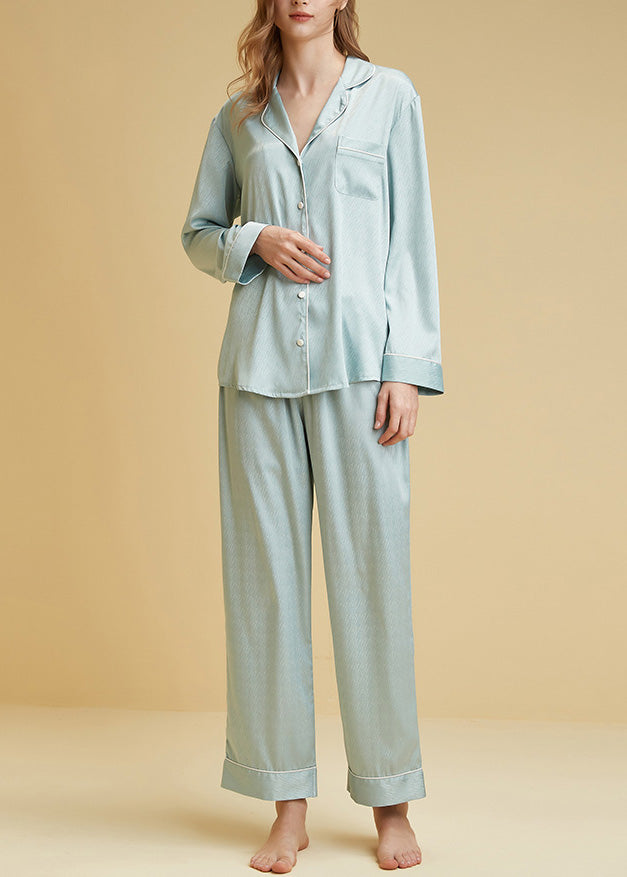 Women Light Blue V Neck Button Ice Silk Pajamas Two Pieces Set Long Sleeve