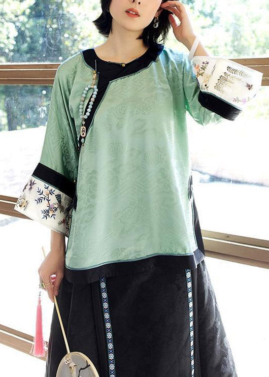 Women Light Green O-Neck Patchwork Print Silk Shirt Tops Spring