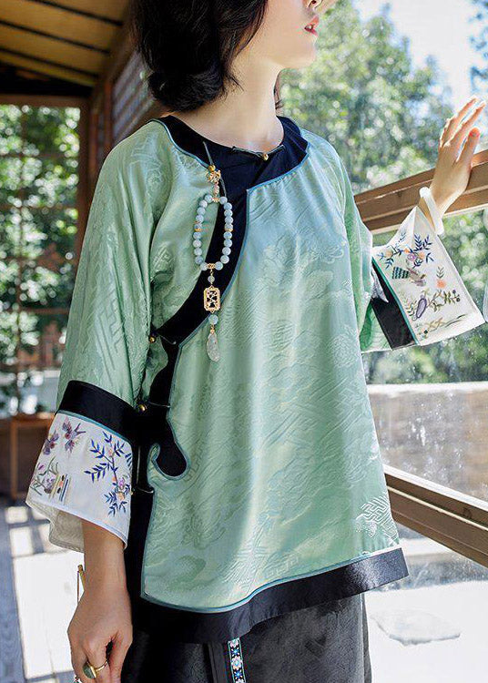 Women Light Green O-Neck Patchwork Print Silk Shirt Tops Spring