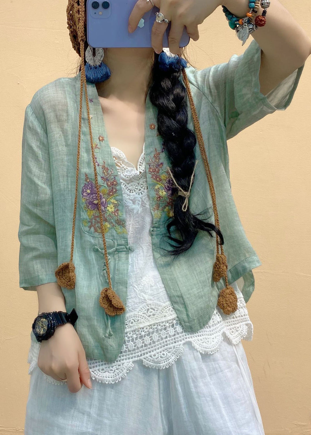 Women Light Green V Neck Embroideried Patchwork Linen Cardigan Summer