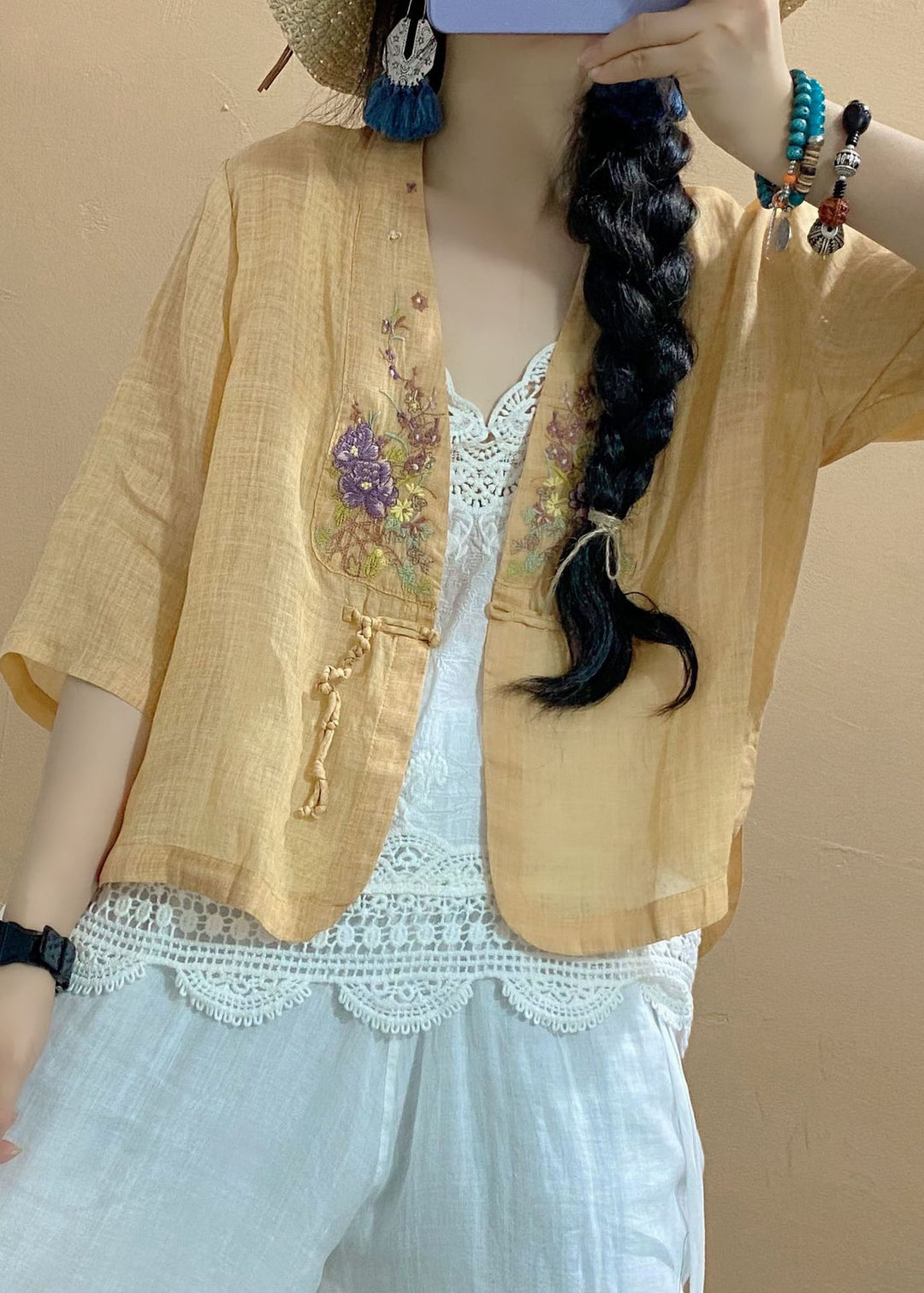 Women Light Green V Neck Embroideried Patchwork Linen Cardigan Summer