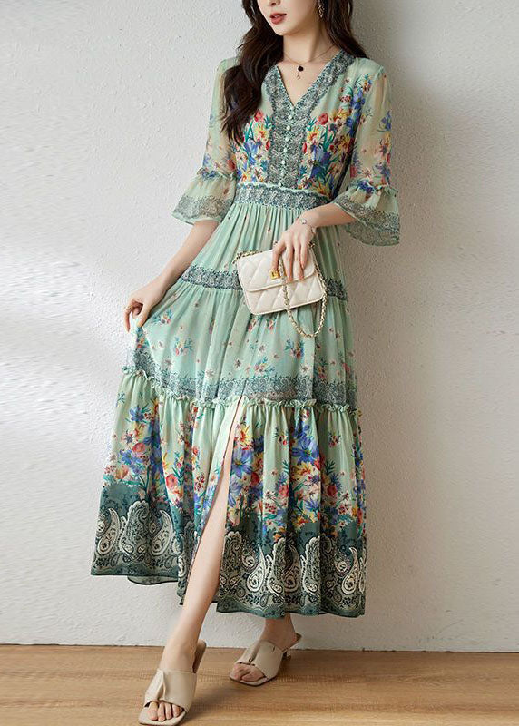 Women Light Green V Neck Wrinkled Patchwork Print Silk Dresses Summer