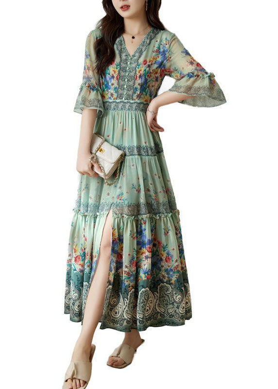 Women Light Green V Neck Wrinkled Patchwork Print Silk Dresses Summer