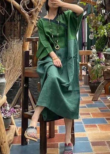 Women Linen Clothes Plus Size Summer Lace-up Green Spliced Dress - Omychic