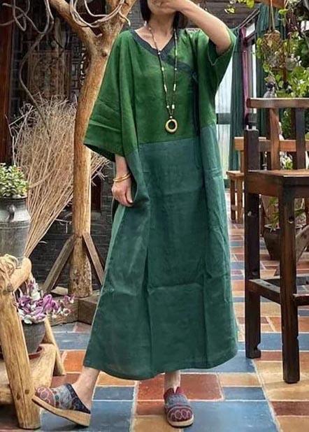 Women Linen Clothes Plus Size Summer Lace-up Green Spliced Dress - Omychic