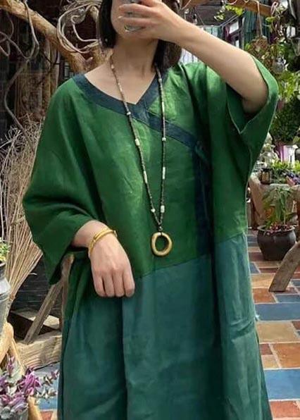 Women Linen Clothes Plus Size Summer Lace-up Green Spliced Dress - Omychic