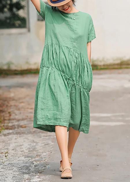 Women Linen Long Shirts Pakistani Green Pleated Casual Dress - Omychic