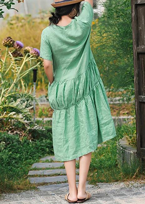 Women Linen Long Shirts Pakistani Green Pleated Casual Dress - Omychic