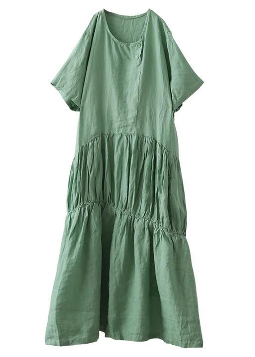 Women Linen Long Shirts Pakistani Green Pleated Casual Dress - Omychic