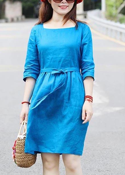 Women Linen Stylish Square Collar Half Sleeve Loose Blue Short Dress - Omychic