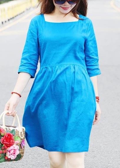 Women Linen Stylish Square Collar Half Sleeve Loose Blue Short Dress - Omychic