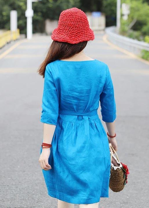 Women Linen Stylish Square Collar Half Sleeve Loose Blue Short Dress - Omychic