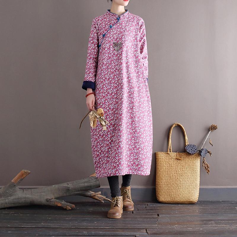 Women Loose Printed Stand Collar Dress Ladies Vintage Print Fleece Dresses Female 2020 Autumn Winter Dress - Omychic