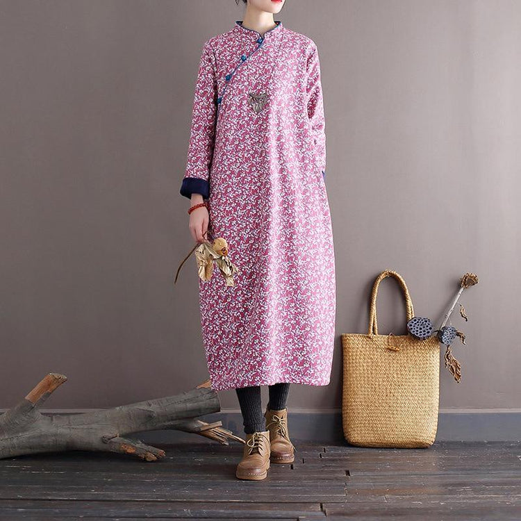 Women Loose Printed Stand Collar Dress Ladies Vintage Print Fleece Dresses Female 2020 Autumn Winter Dress - Omychic