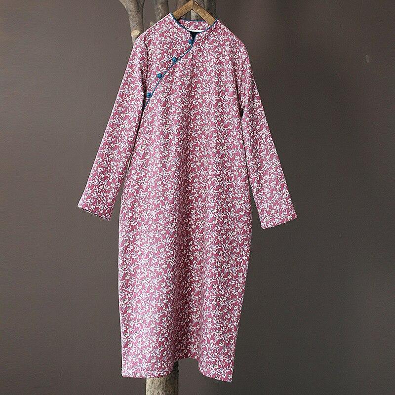 Women Loose Printed Stand Collar Dress Ladies Vintage Print Fleece Dresses Female 2020 Autumn Winter Dress - Omychic