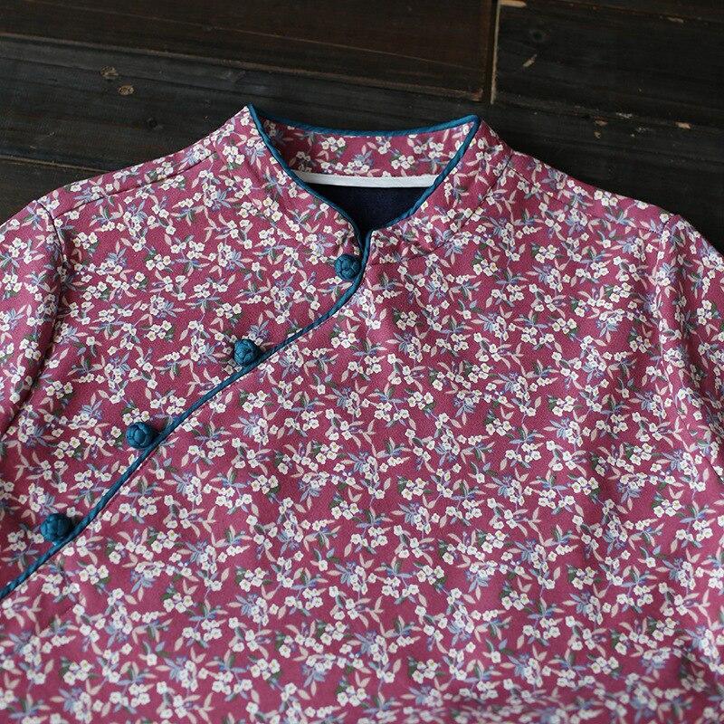 Women Loose Printed Stand Collar Dress Ladies Vintage Print Fleece Dresses Female 2020 Autumn Winter Dress - Omychic