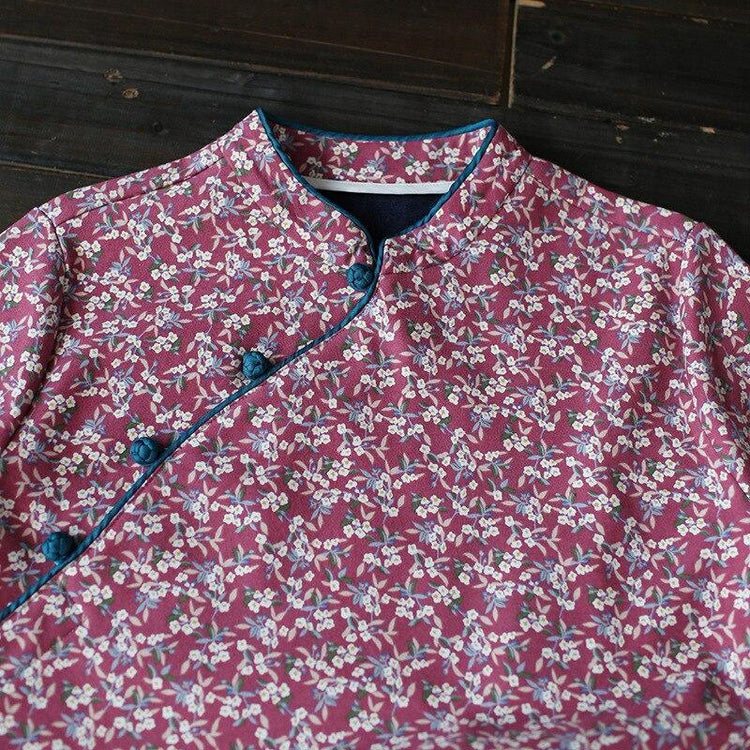 Women Loose Printed Stand Collar Dress Ladies Vintage Print Fleece Dresses Female 2020 Autumn Winter Dress - Omychic