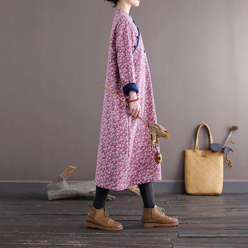 Women Loose Printed Stand Collar Dress Ladies Vintage Print Fleece Dresses Female 2020 Autumn Winter Dress - Omychic
