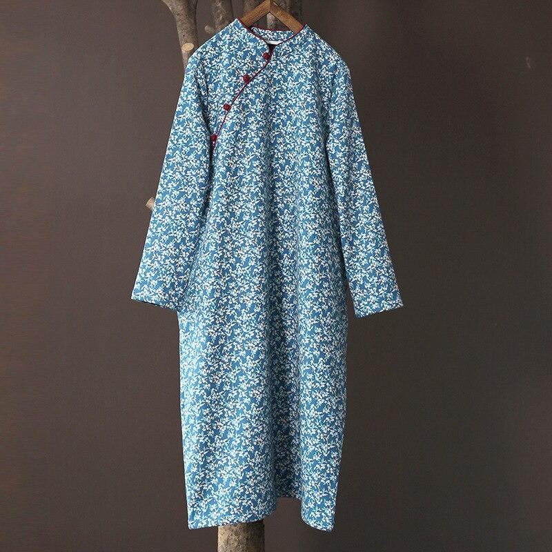 Women Loose Printed Stand Collar Dress Ladies Vintage Print Fleece Dresses Female 2020 Autumn Winter Dress - Omychic