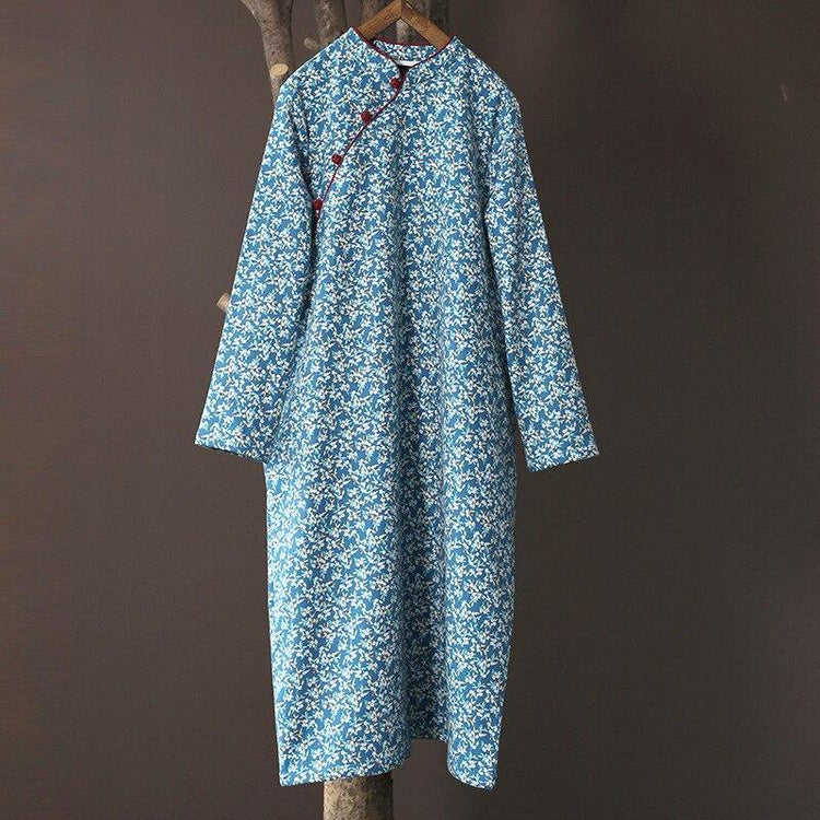 Women Loose Printed Stand Collar Dress Ladies Vintage Print Fleece Dresses Female 2020 Autumn Winter Dress - Omychic