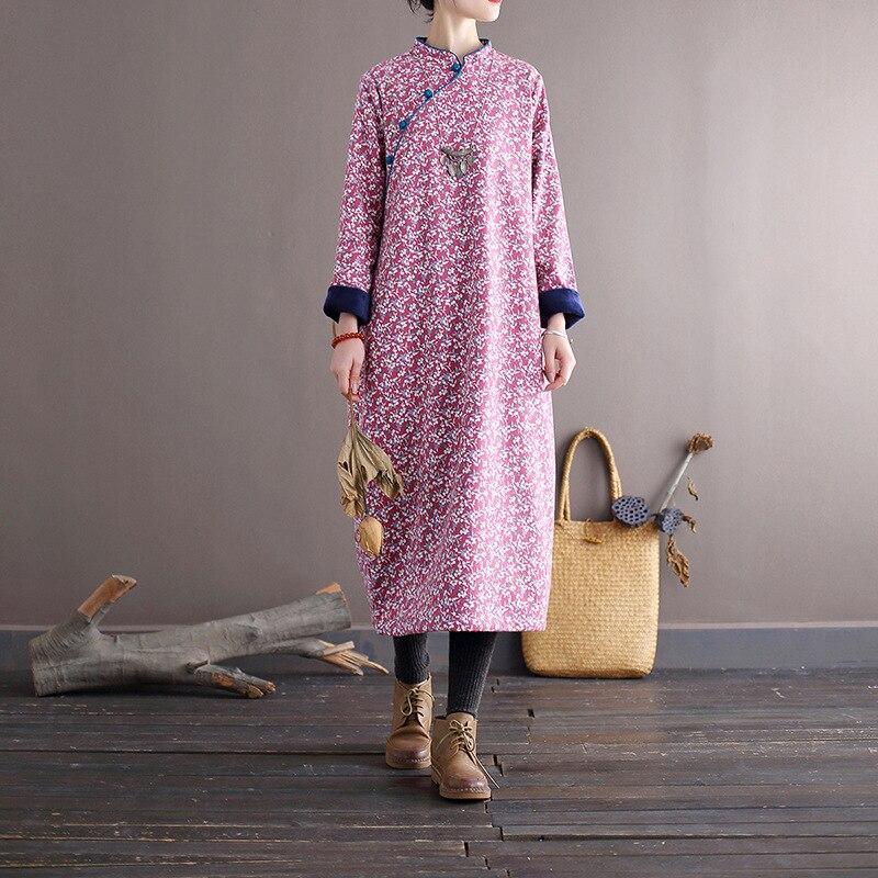 Women Loose Printed Stand Collar Dress Ladies Vintage Print Fleece Dresses Female 2020 Autumn Winter Dress - Omychic