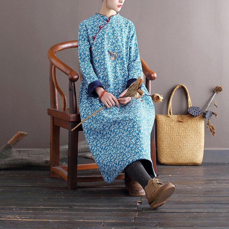 Women Loose Printed Stand Collar Dress Ladies Vintage Print Fleece Dresses Female 2020 Autumn Winter Dress - Omychic