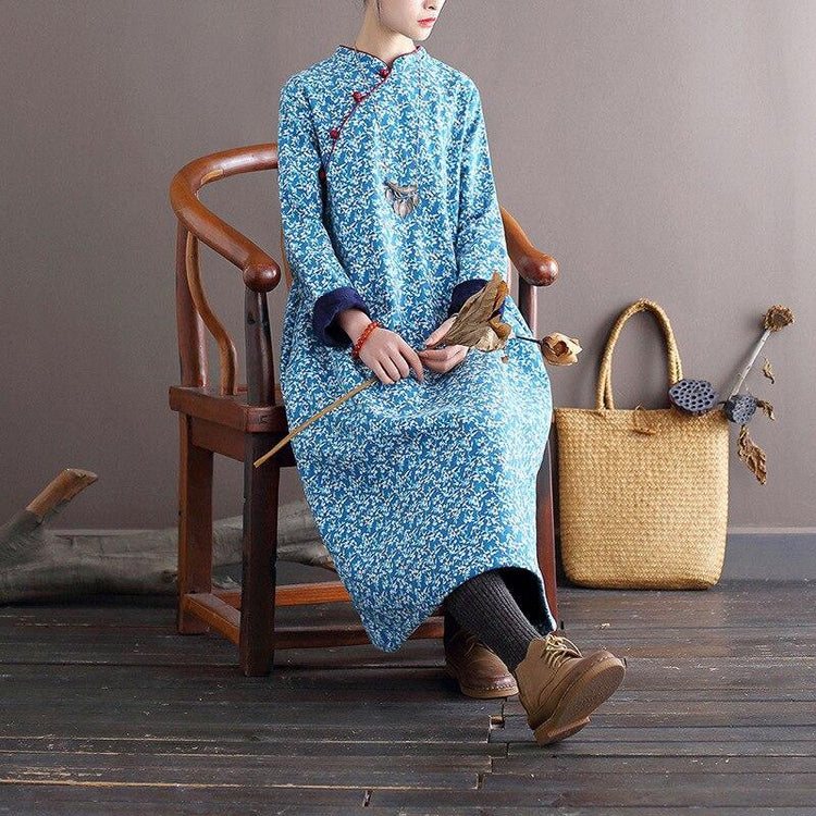 Women Loose Printed Stand Collar Dress Ladies Vintage Print Fleece Dresses Female 2020 Autumn Winter Dress - Omychic