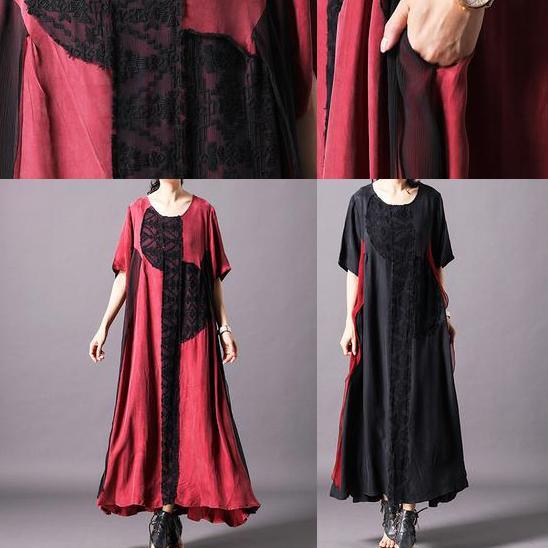 Women Metropolitan Museum Simple rose redsilk clothes For Vintage Spliced Irregular Short Sleeve Dress - Omychic