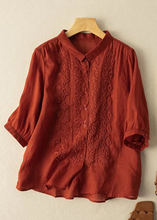 Women Mulberry Embroideried Slim Fit Linen Shirt Tops Half Sleeve