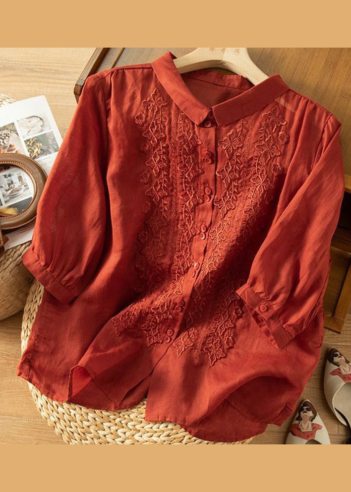 Women Mulberry Embroideried Slim Fit Linen Shirt Tops Half Sleeve